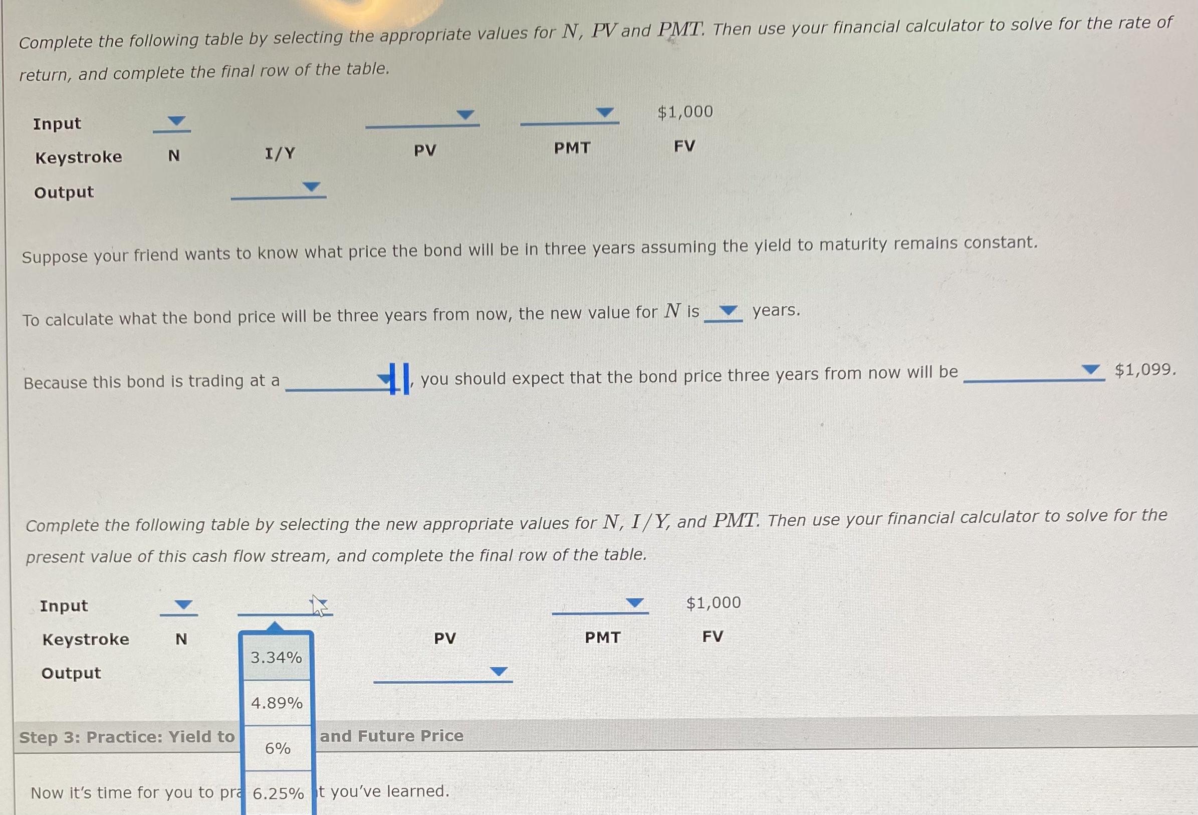 Complete the following table by selecting the