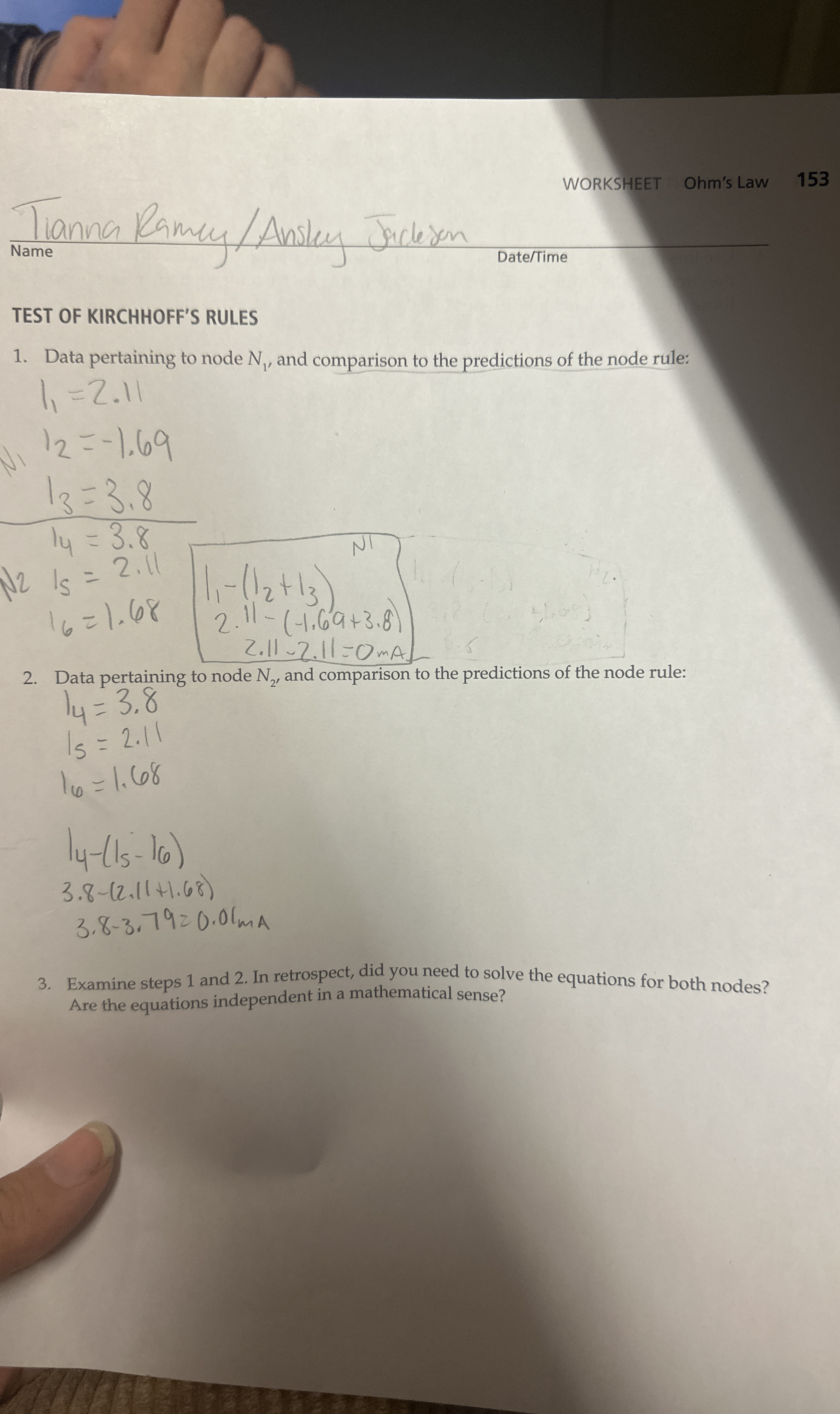 WORKSHEET Ohm's Law 1 5 3 TEST OF KIRCHHOFF'S