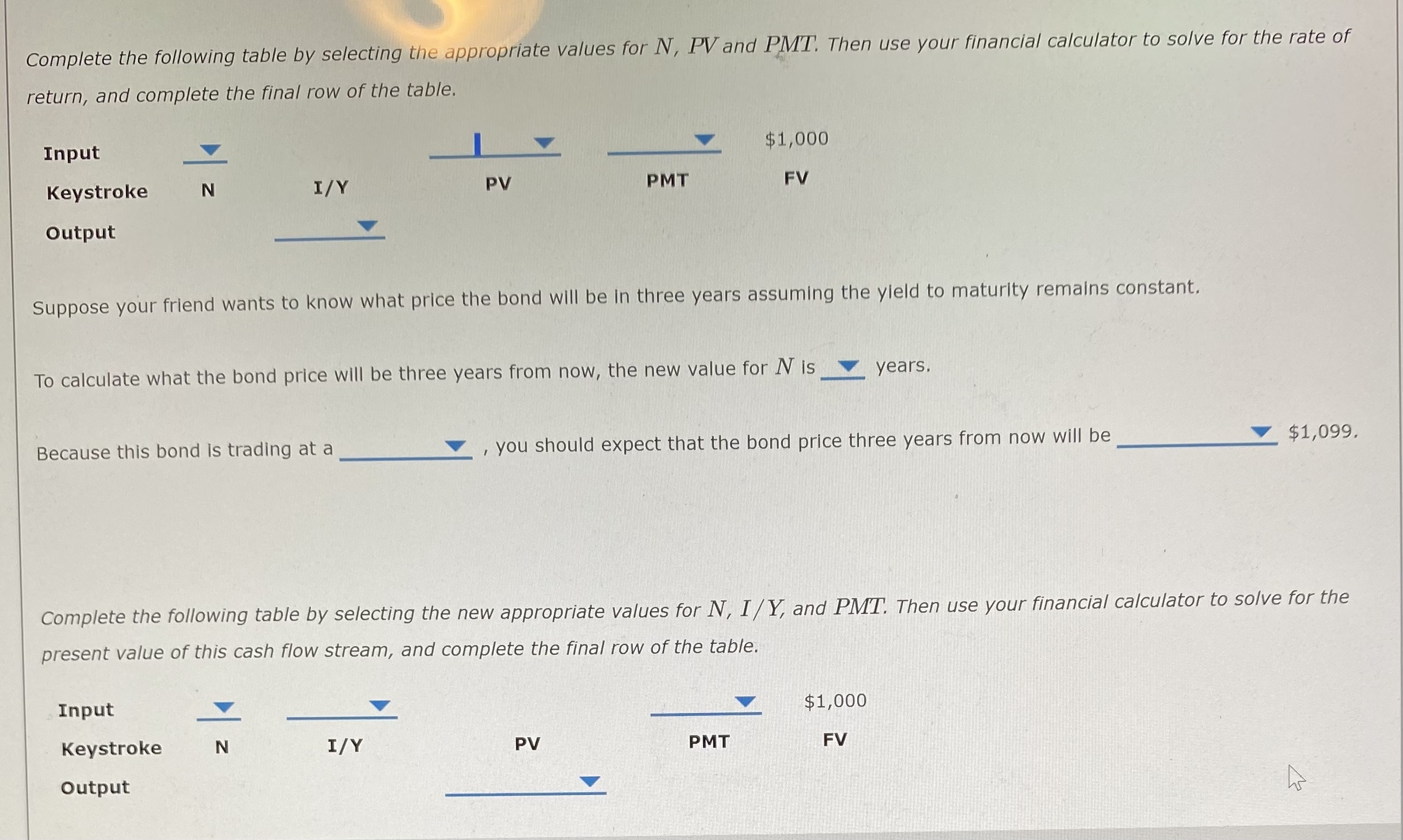 Complete the following table by selecting the