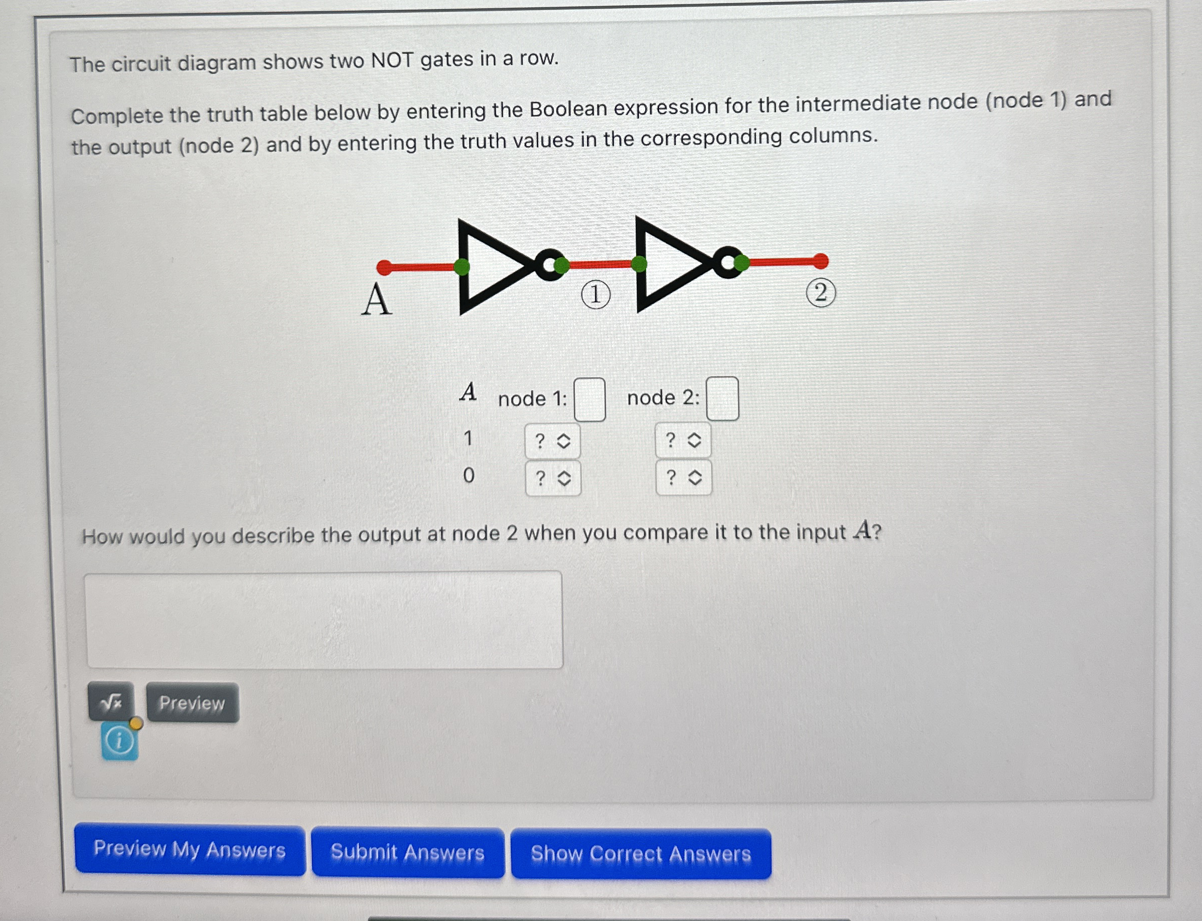 The circuit diagram shows two NOT gates in a row.