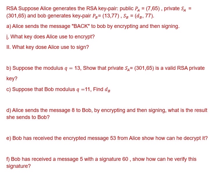 RSA Suppose Alice generates the RSA key - pair: