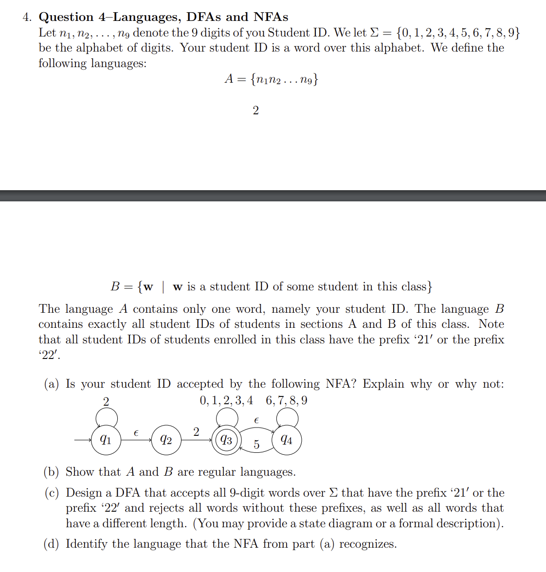 Question 4 - Languages, DFAs and NFAs lPease