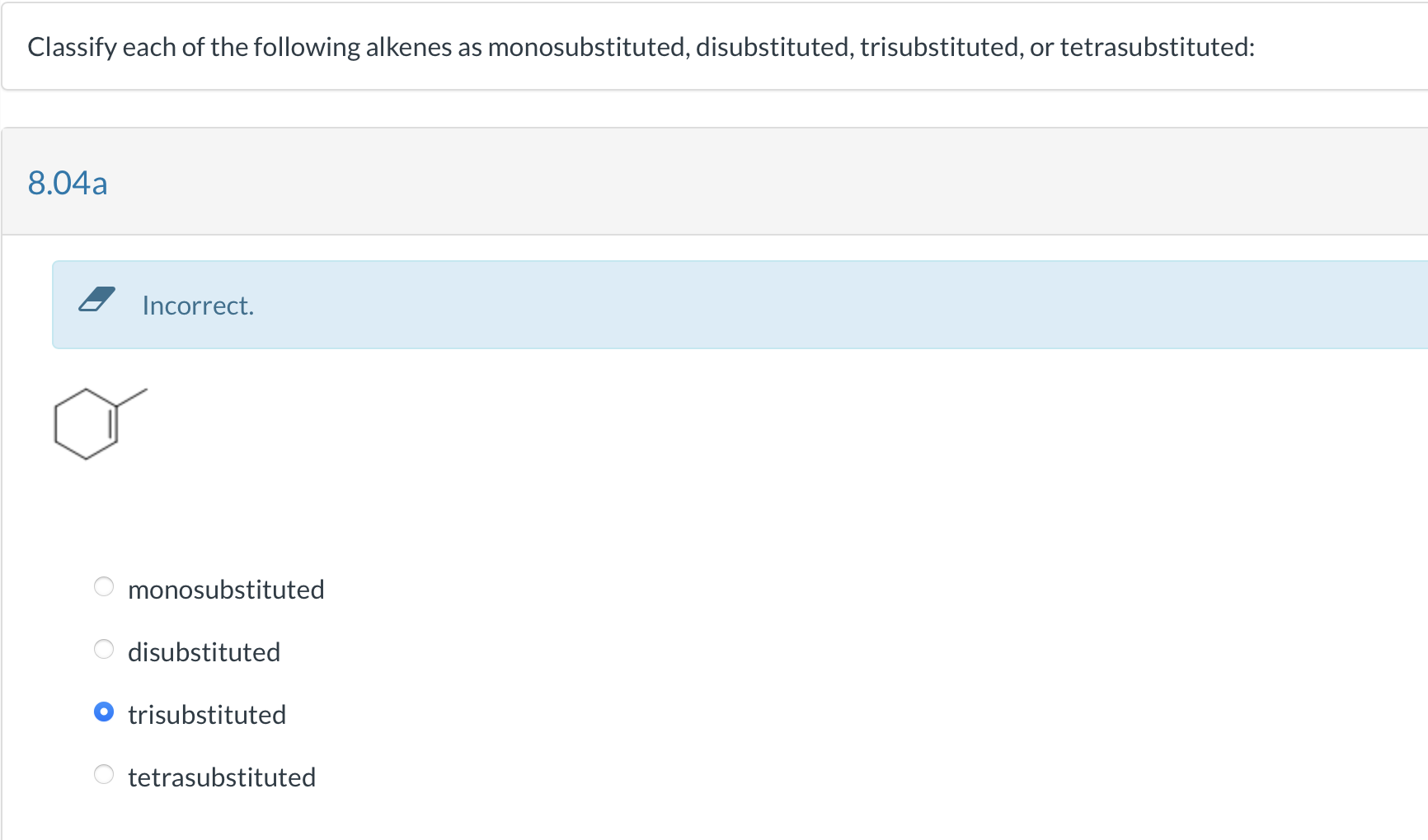 Classify each of the following alkenes as