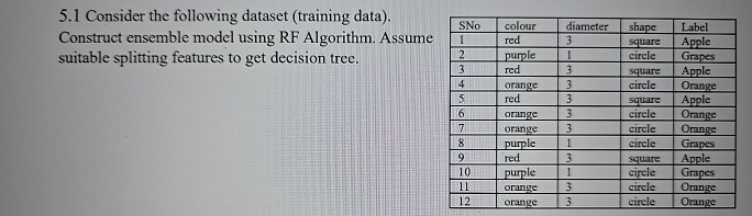 5 . 1 Consider the following dataset ( training