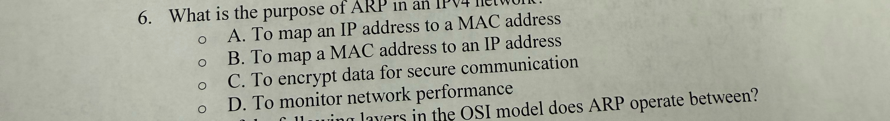 What is the purpose of ARP in an IPv 4 iermoin. A