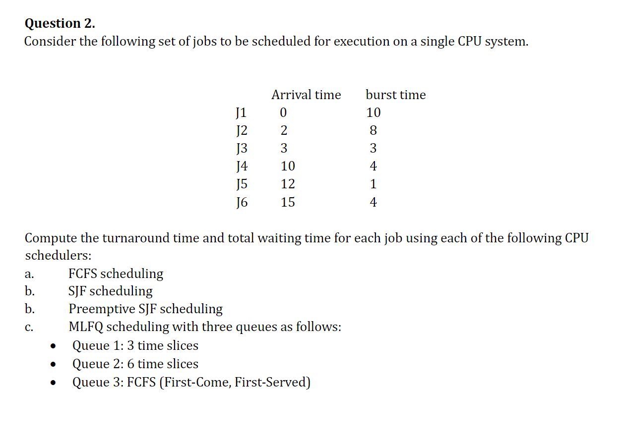 Question 2 . Consider the following set of jobs