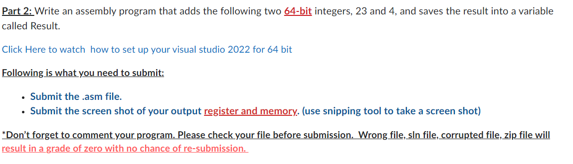 Part 2 : Write an assembly program that adds the