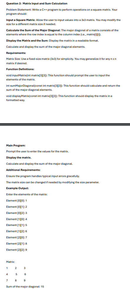 Question 2 : Matrix Input and Sum Calculation