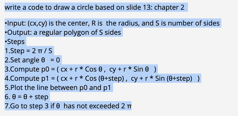 write a code to draw a circle based on slide 1 3