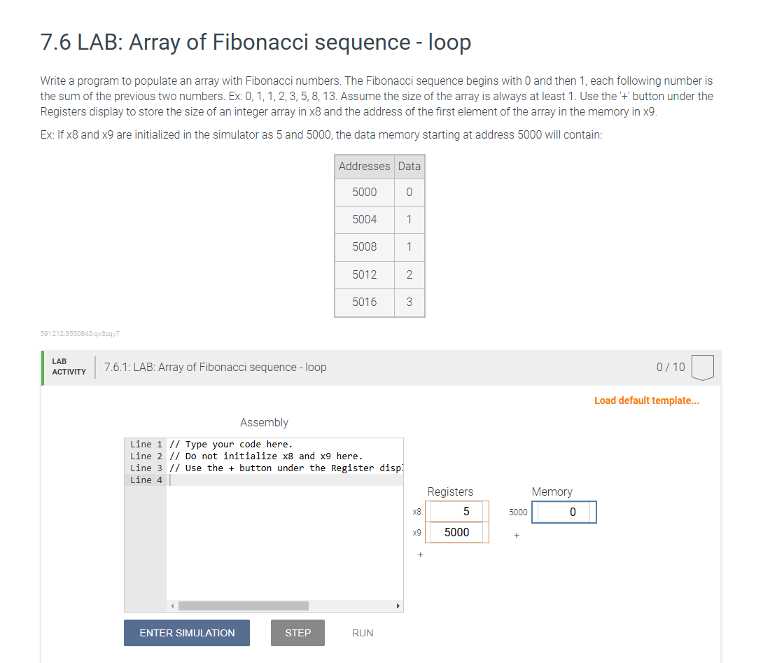 7 . 6 LAB: Array of Fibonacci sequence - loop