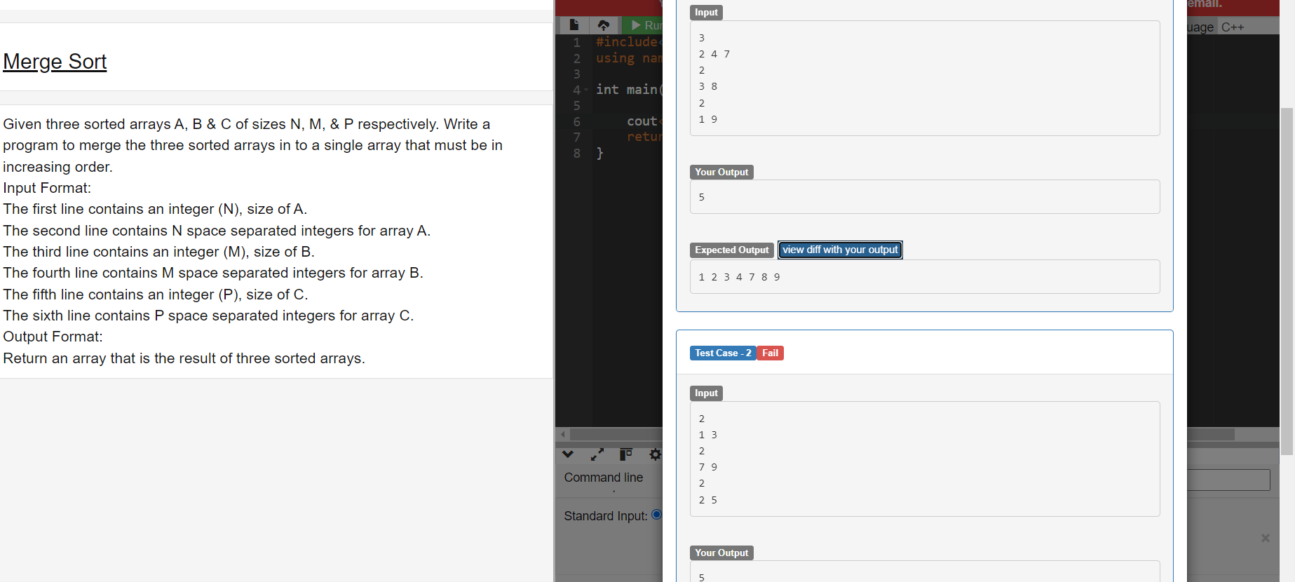 Merge Sort Given three sorted arrays A , B & C of