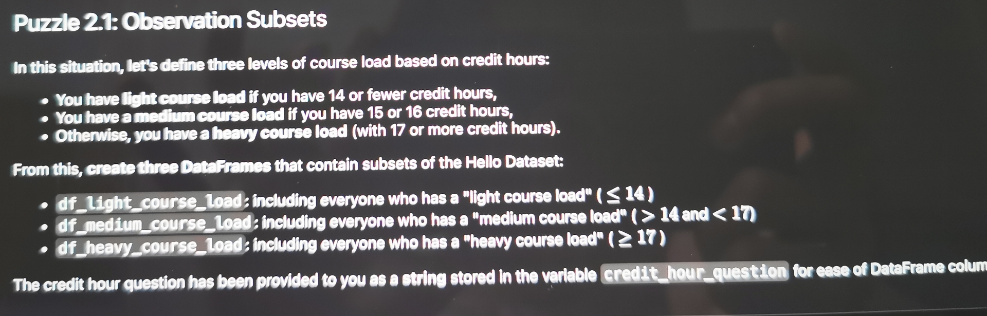 Purzele 2 1 : Observation Subsets In this