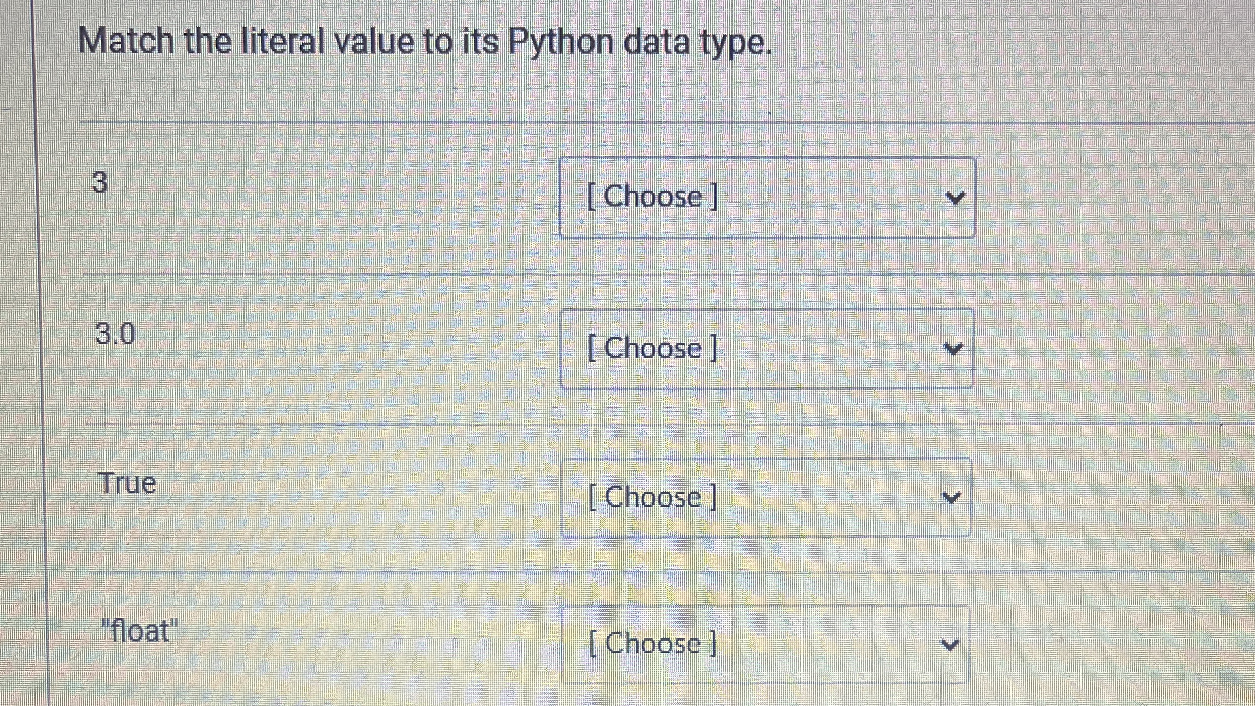 Match the literal value to its Python data type.