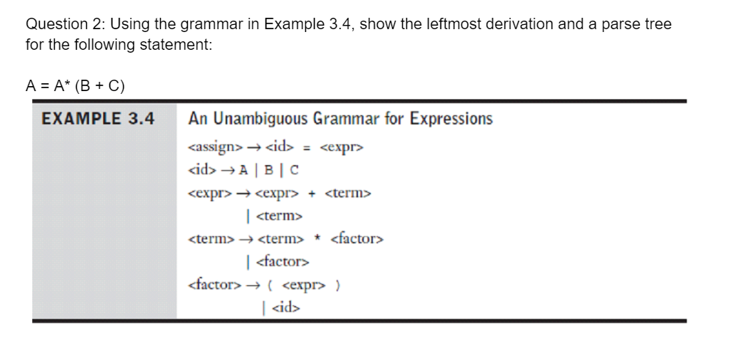 Question 2 : Using the grammar in Example 3 . 4 ,