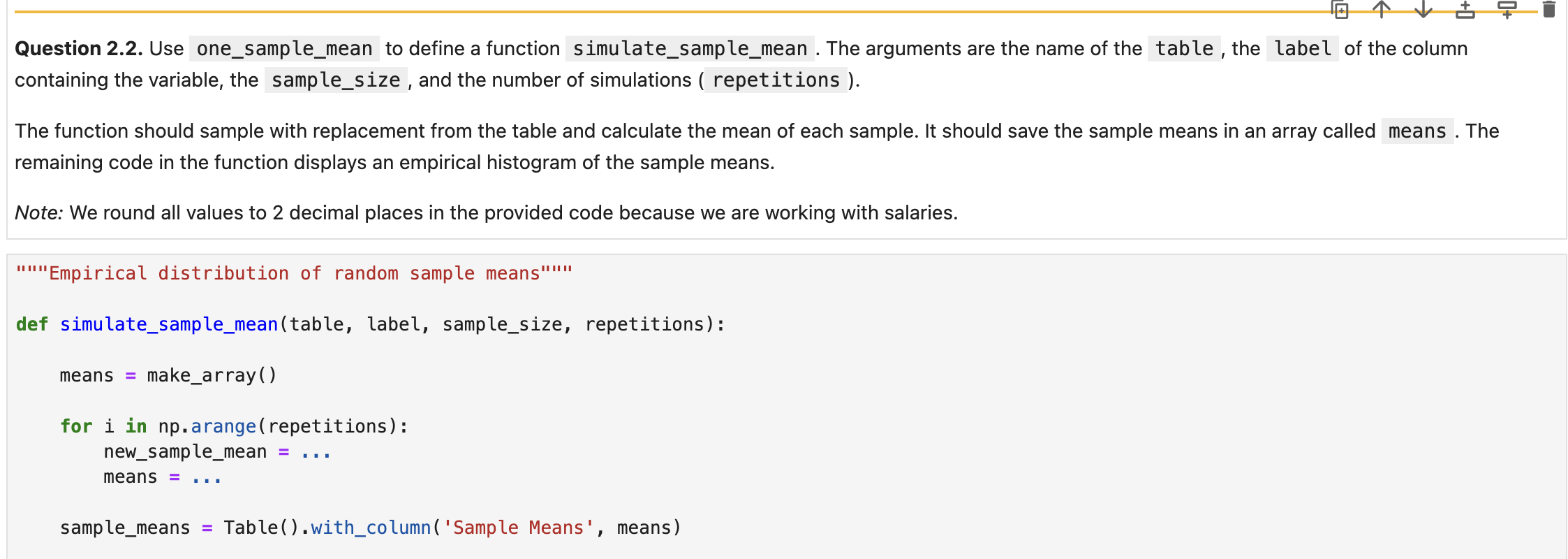 Use one _ sample _ mean to define a function