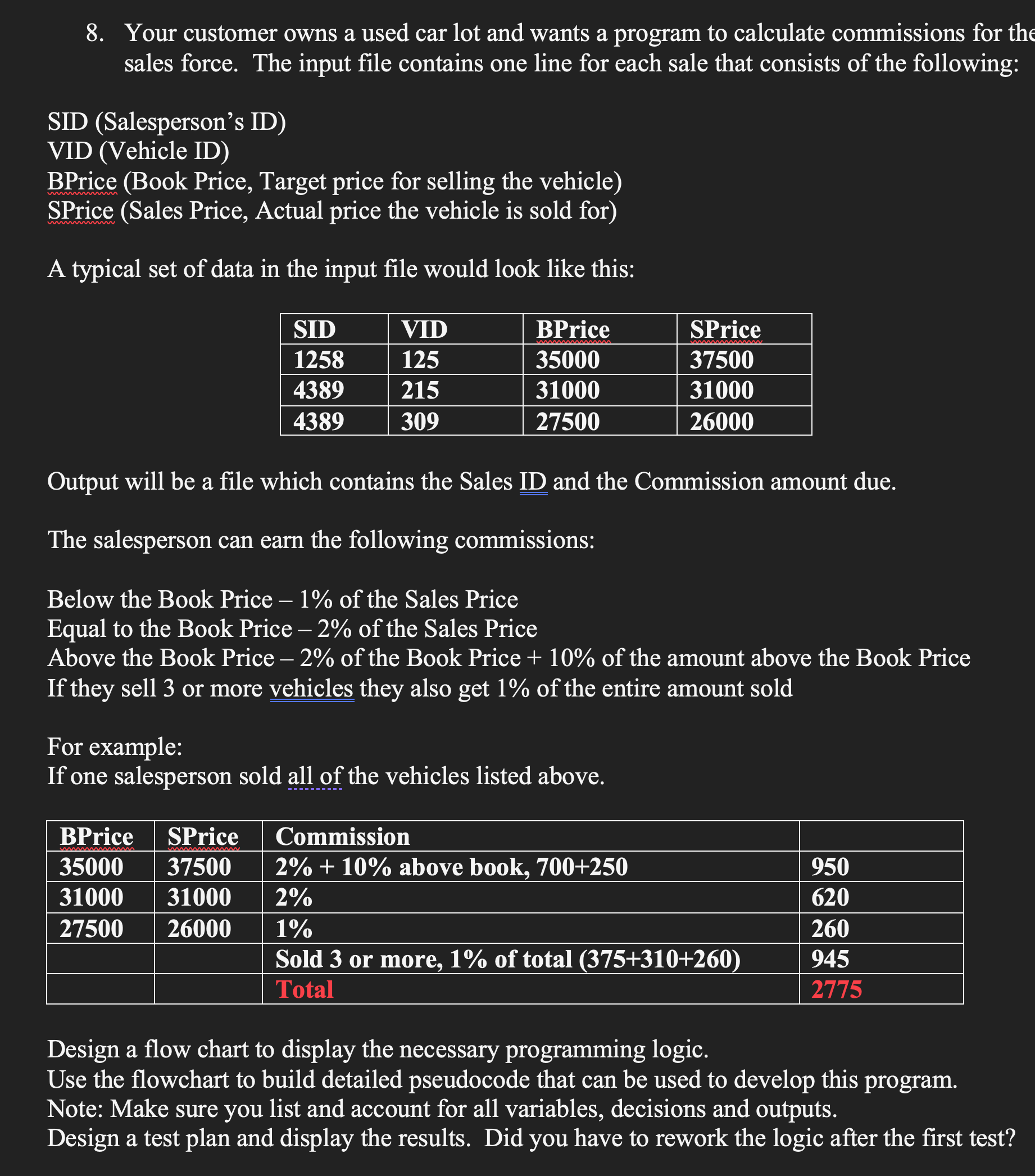 8 . Your customer owns a used car lot and wants a