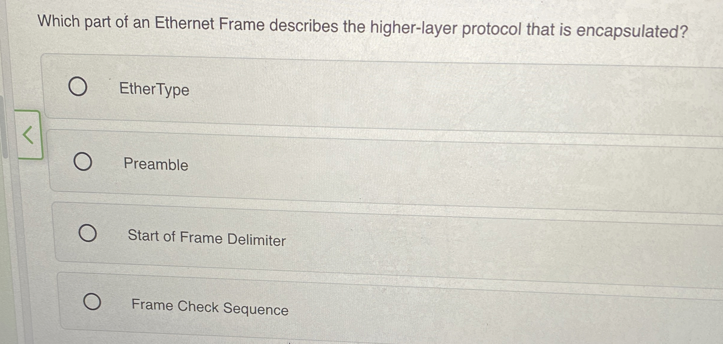 Which part of an Ethernet Frame describes the