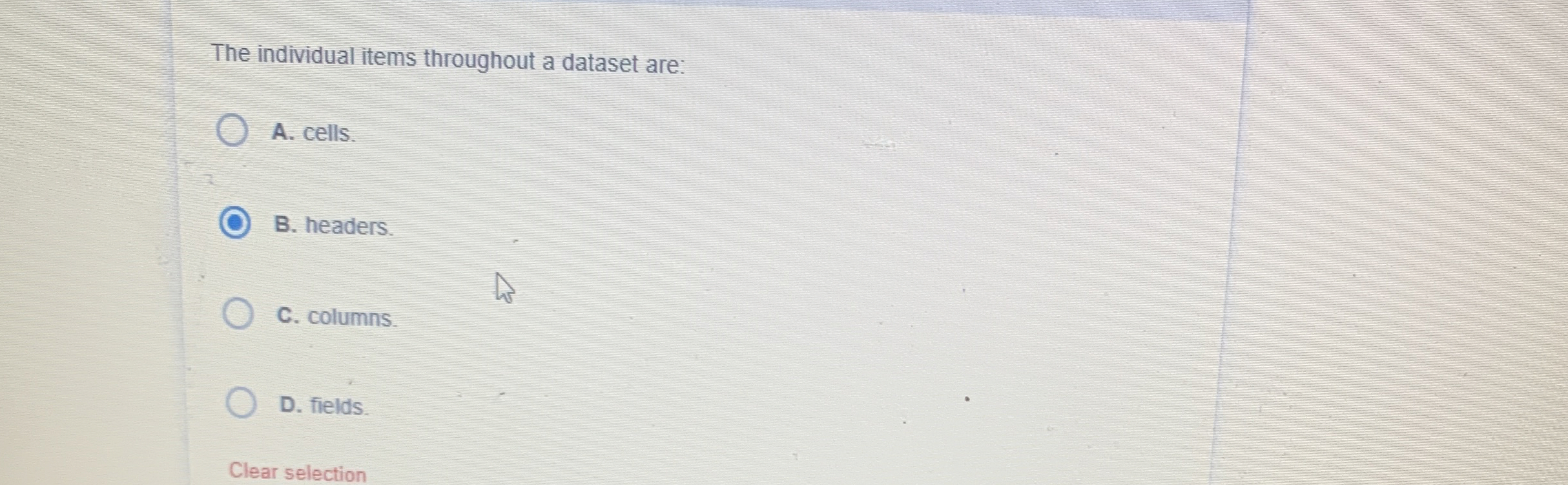 The individual items throughout a dataset are: A