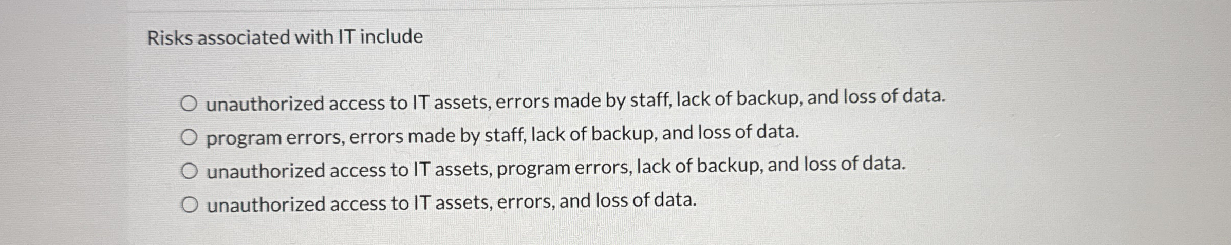 Risks associated with IT include unauthorized