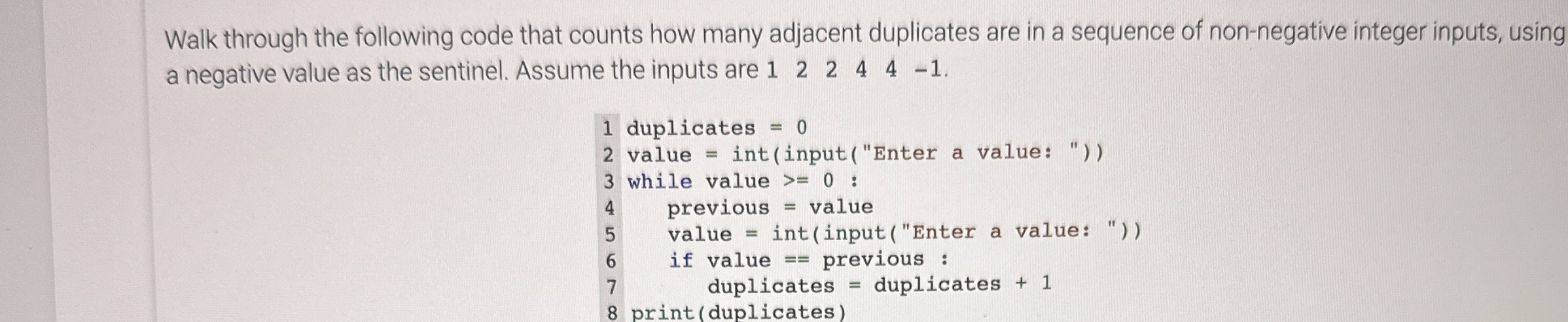 Walk through the following code that counts how