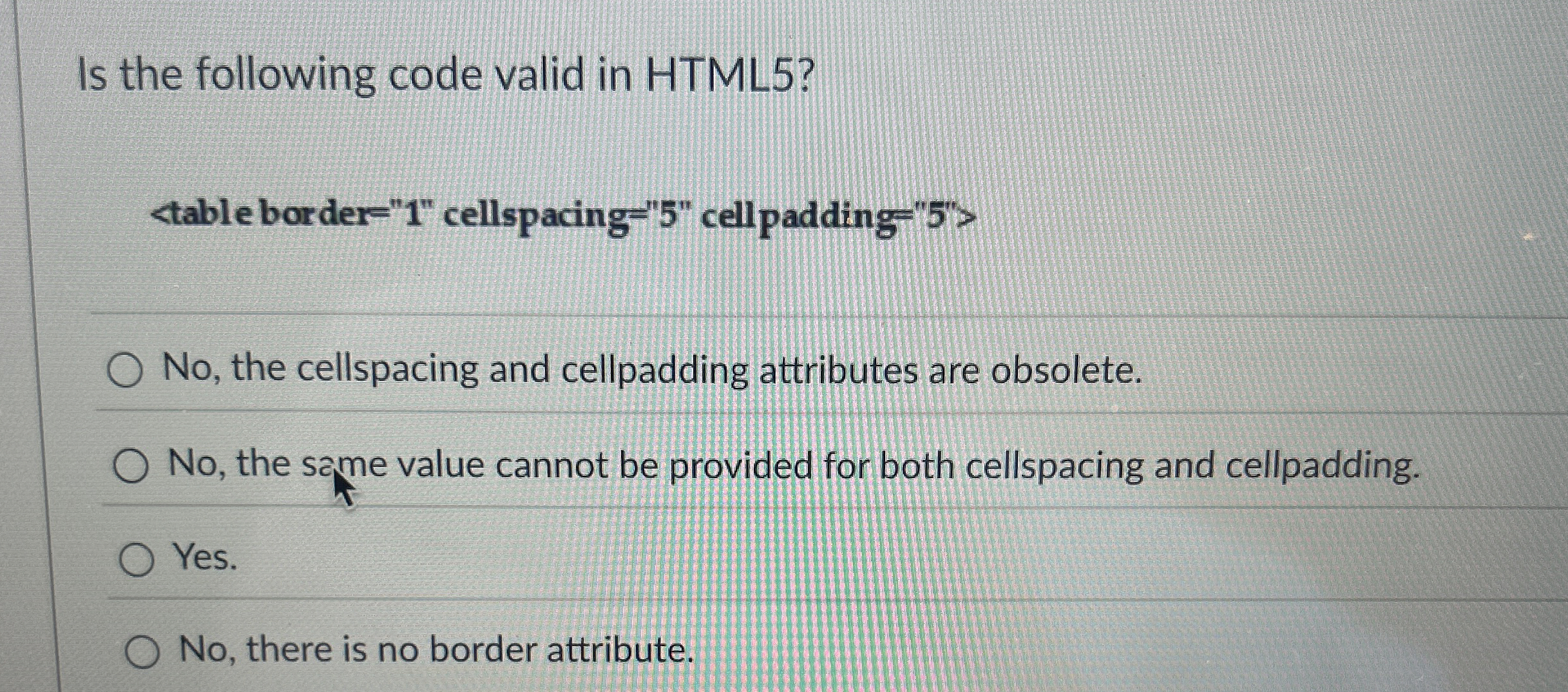 Is the following code valid in HTML 5 ? = 1