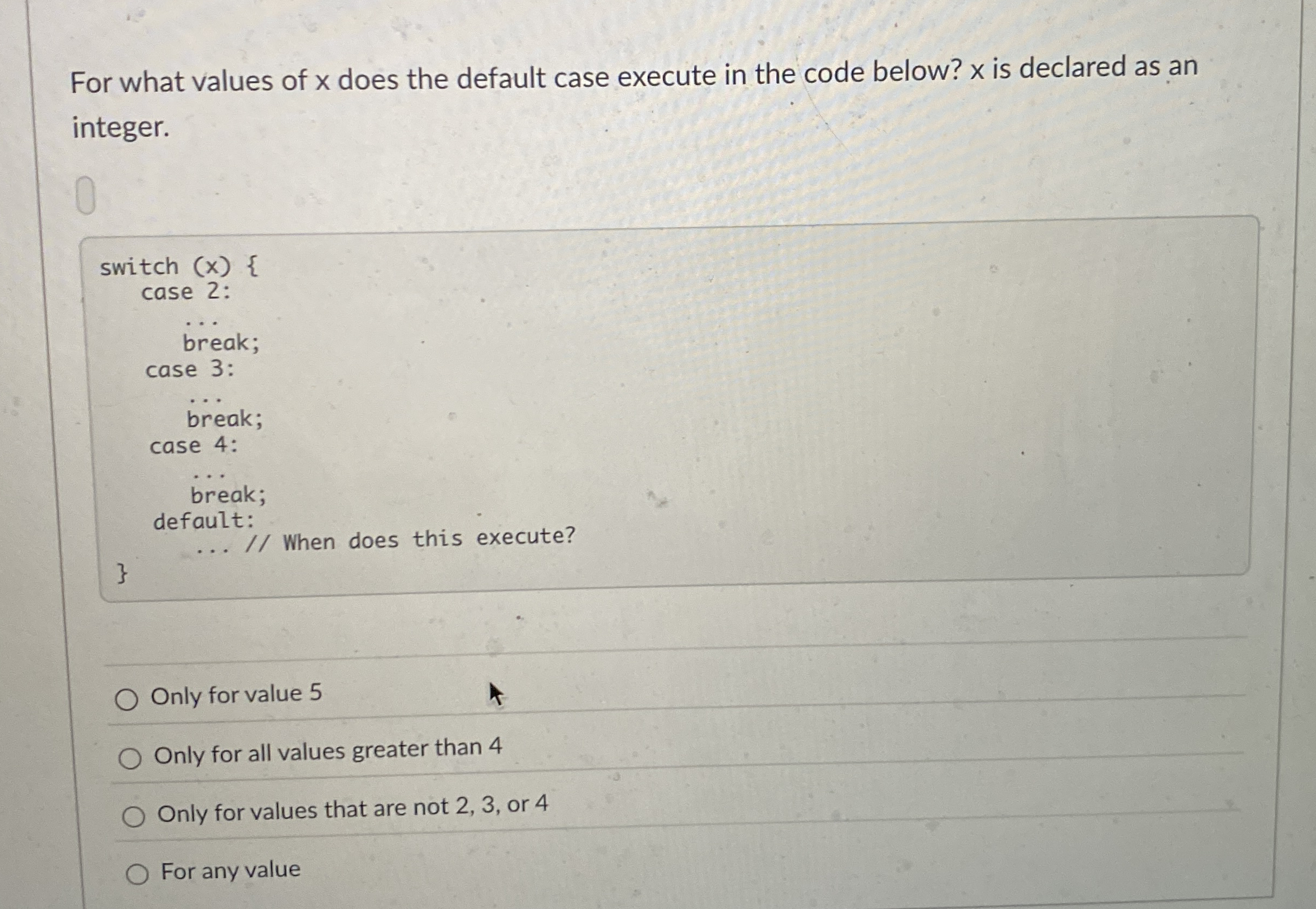 For what values of x does the default case