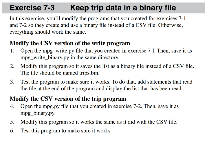 Exercise 7 - 3 Keep trip data in a binary file In