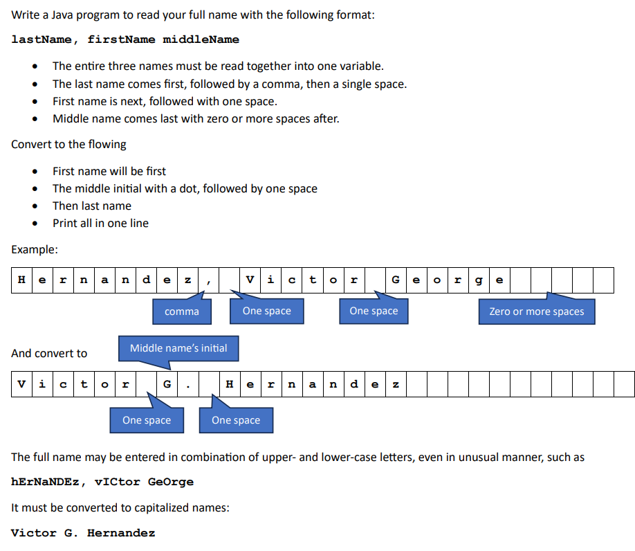 Write a Java program to read your full name with
