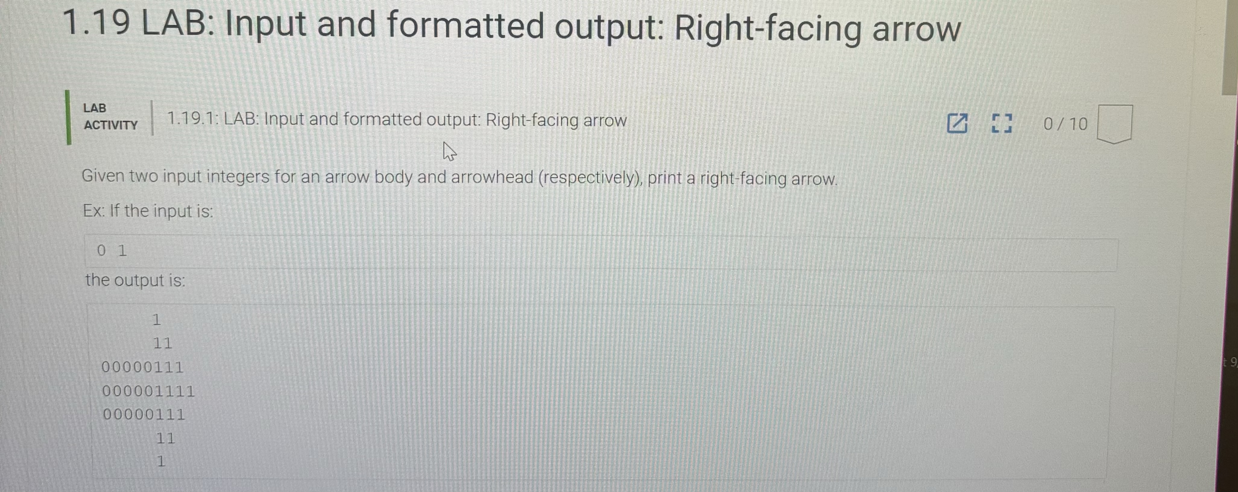 1 . 1 9 LAB: Input and formatted output: Right -