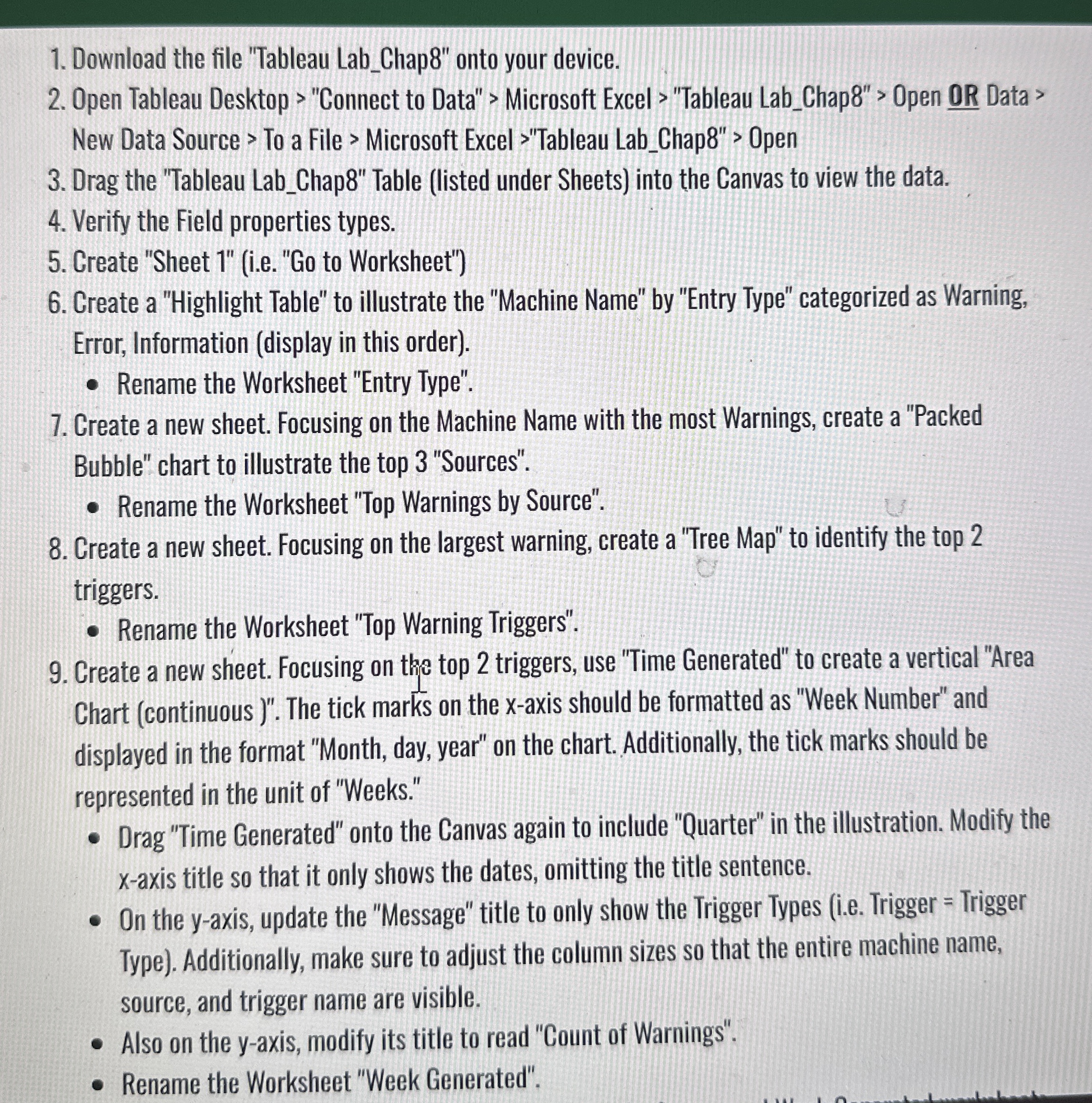 Download the file "Tableau Lab _ Chap 8 " onto