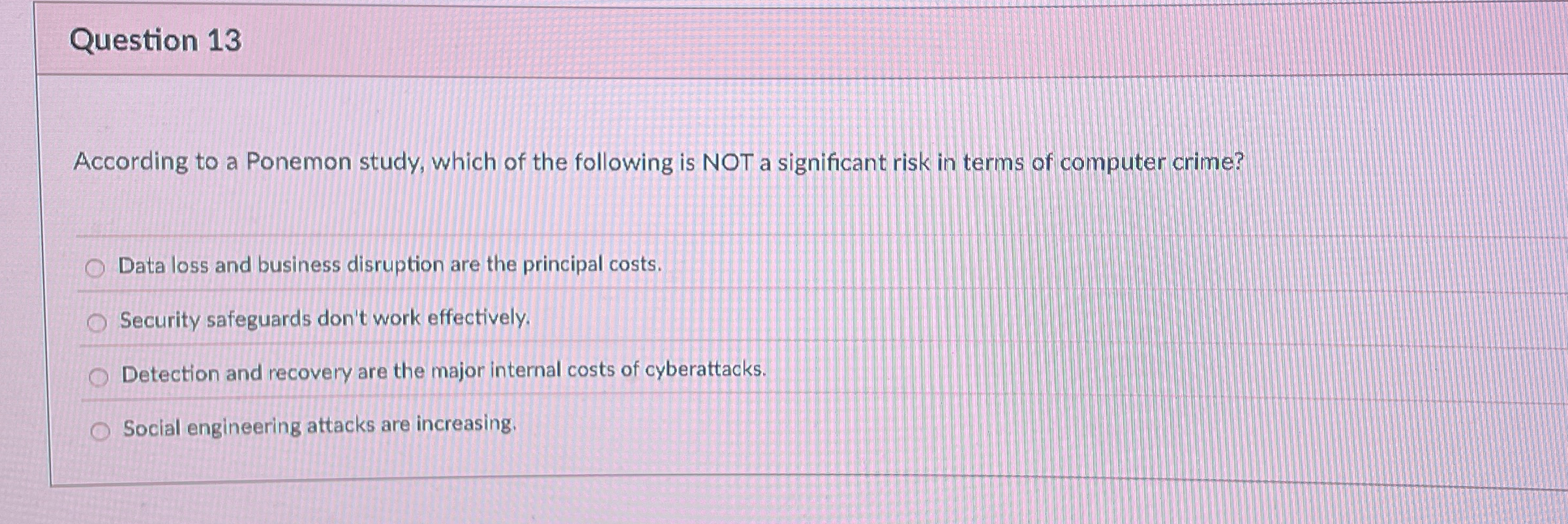 Question 1 3 According to a Ponemon study, which