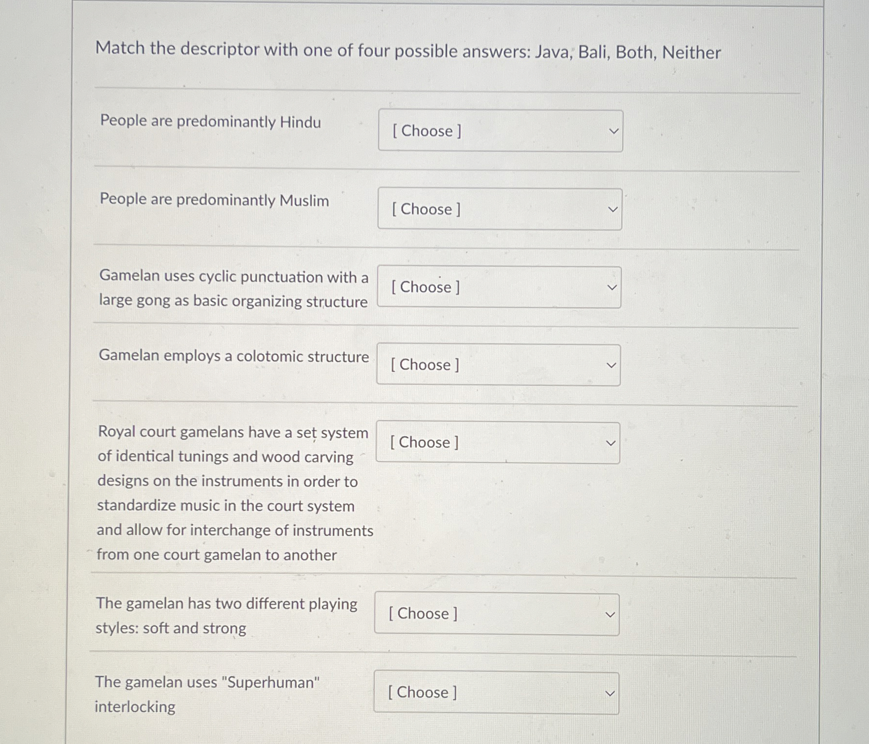 Match the descriptor with one of four possible