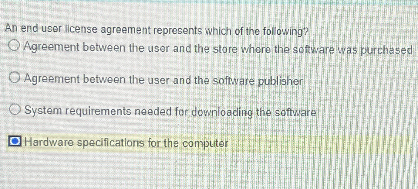 An end user license agreement represents which of