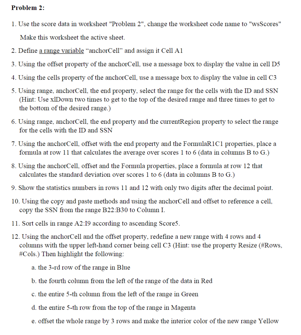 Problem 2 : Use the score data in worksheet