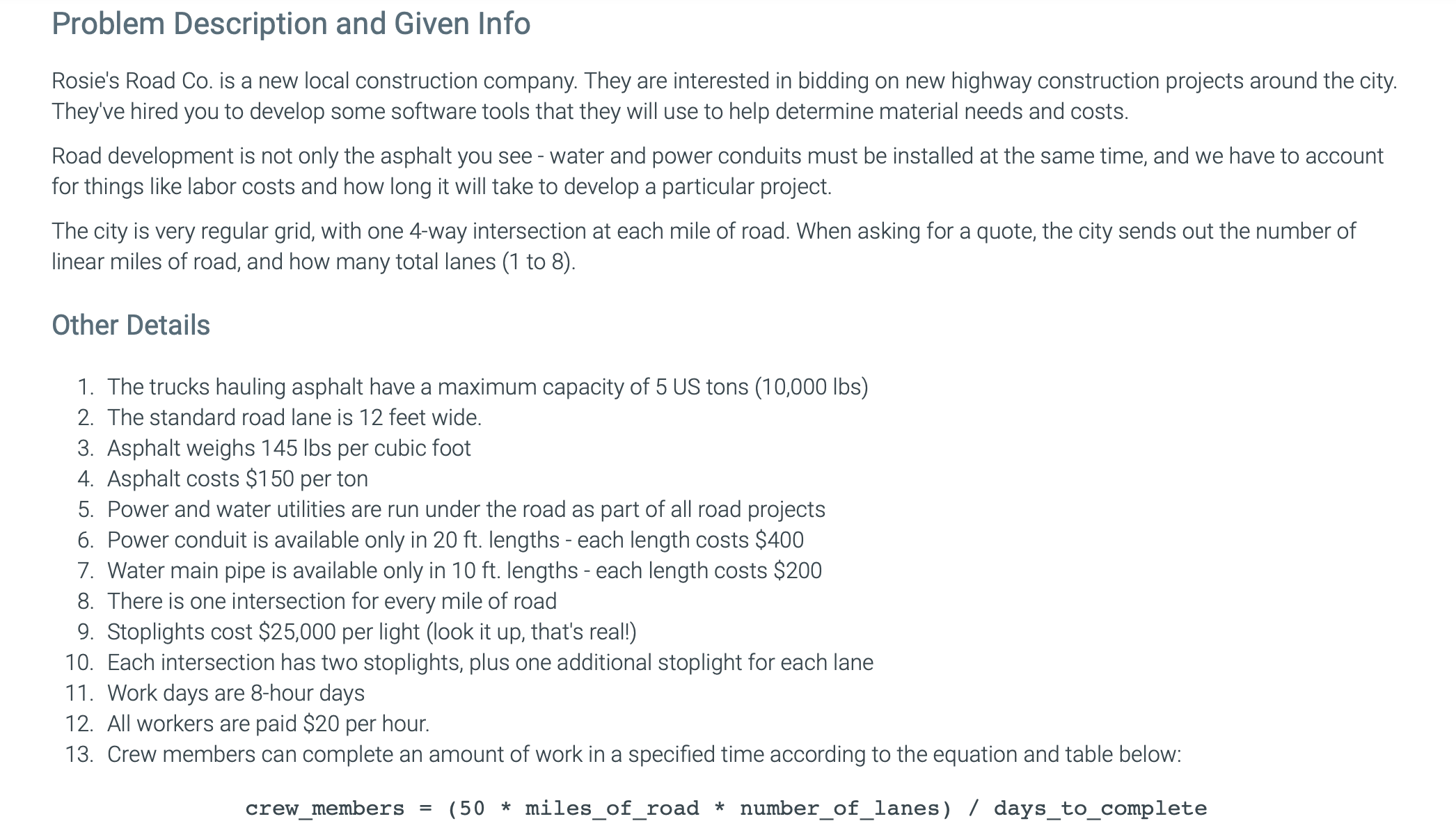 Problem Description and Given Info Rosie's Road
