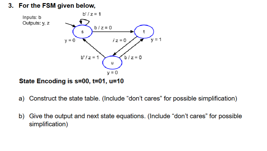 3 . For the FSM given below, Inputs: b Outputs: y