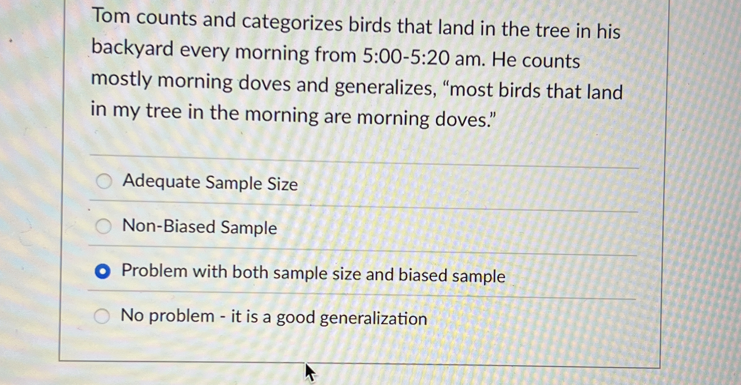 Tom counts and categorizes birds that land in the