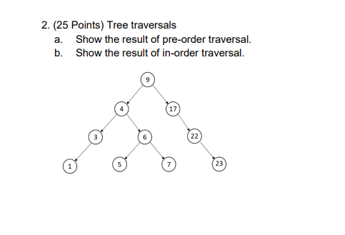 2 . ( 2 5 Points ) Tree traversals a . Show the