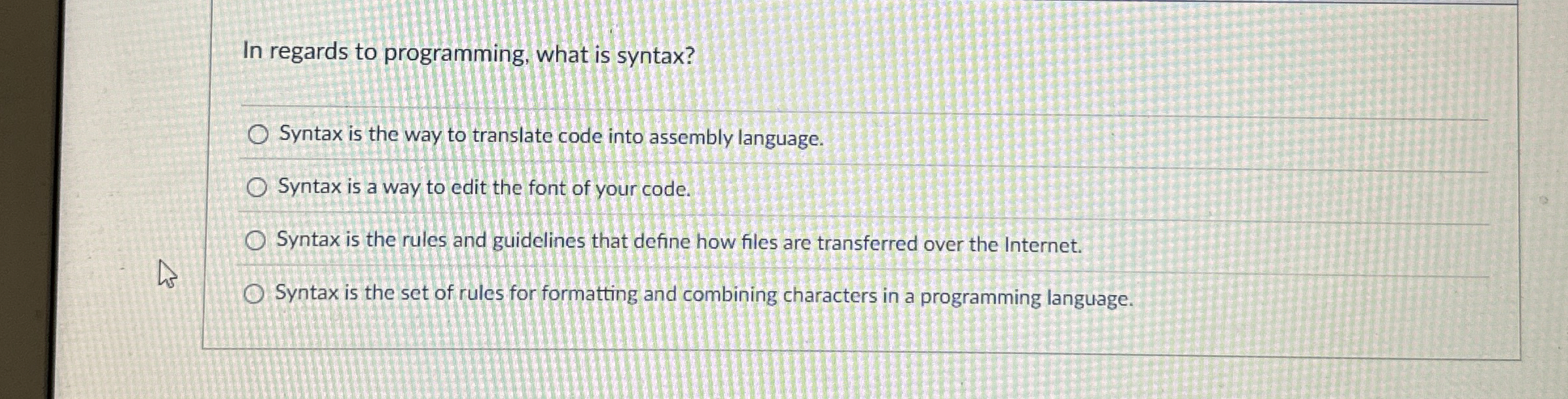 In regards to programming, what is syntax? Syntax