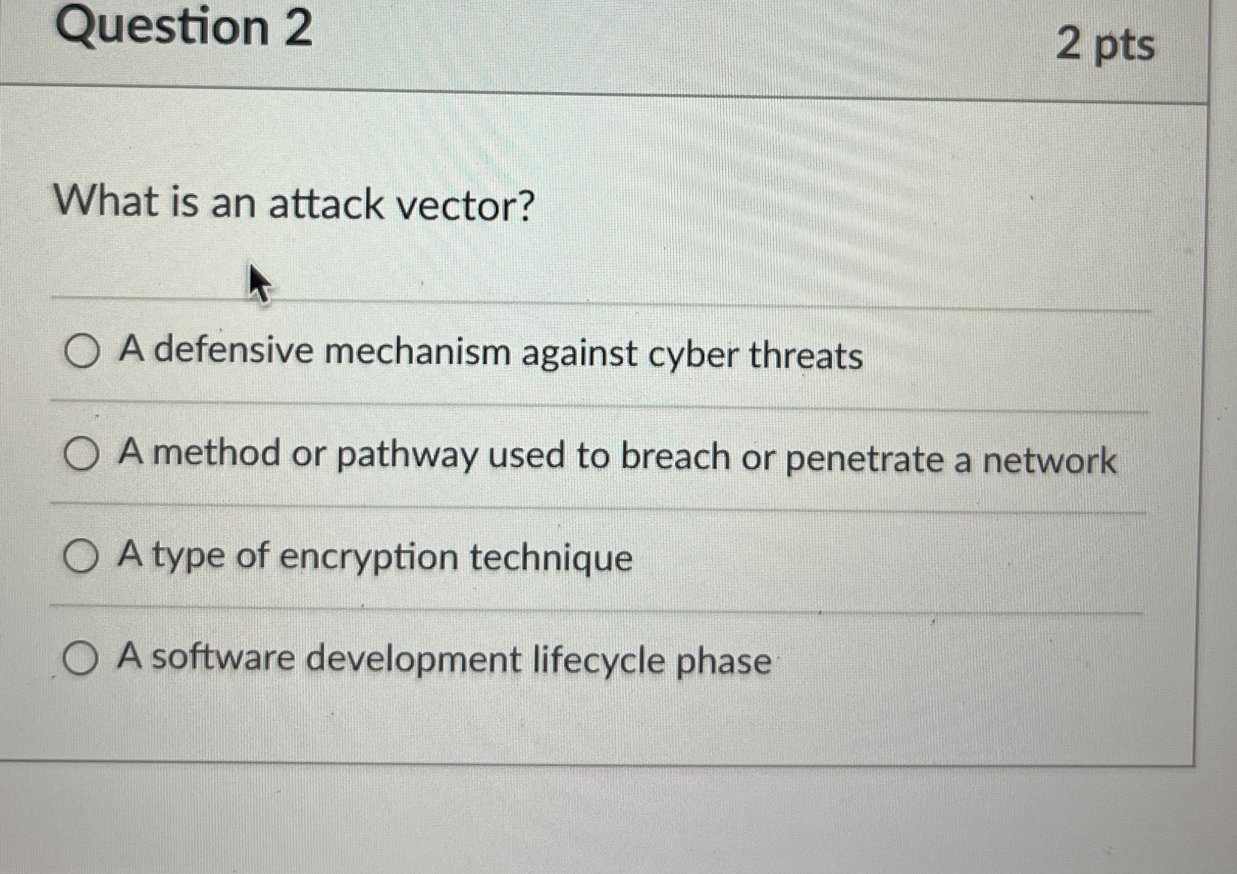 Question 2 What is an attack vector? A defensive