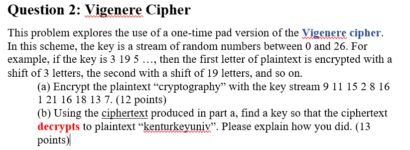 Question 2 : Vigenere Cipher This problem