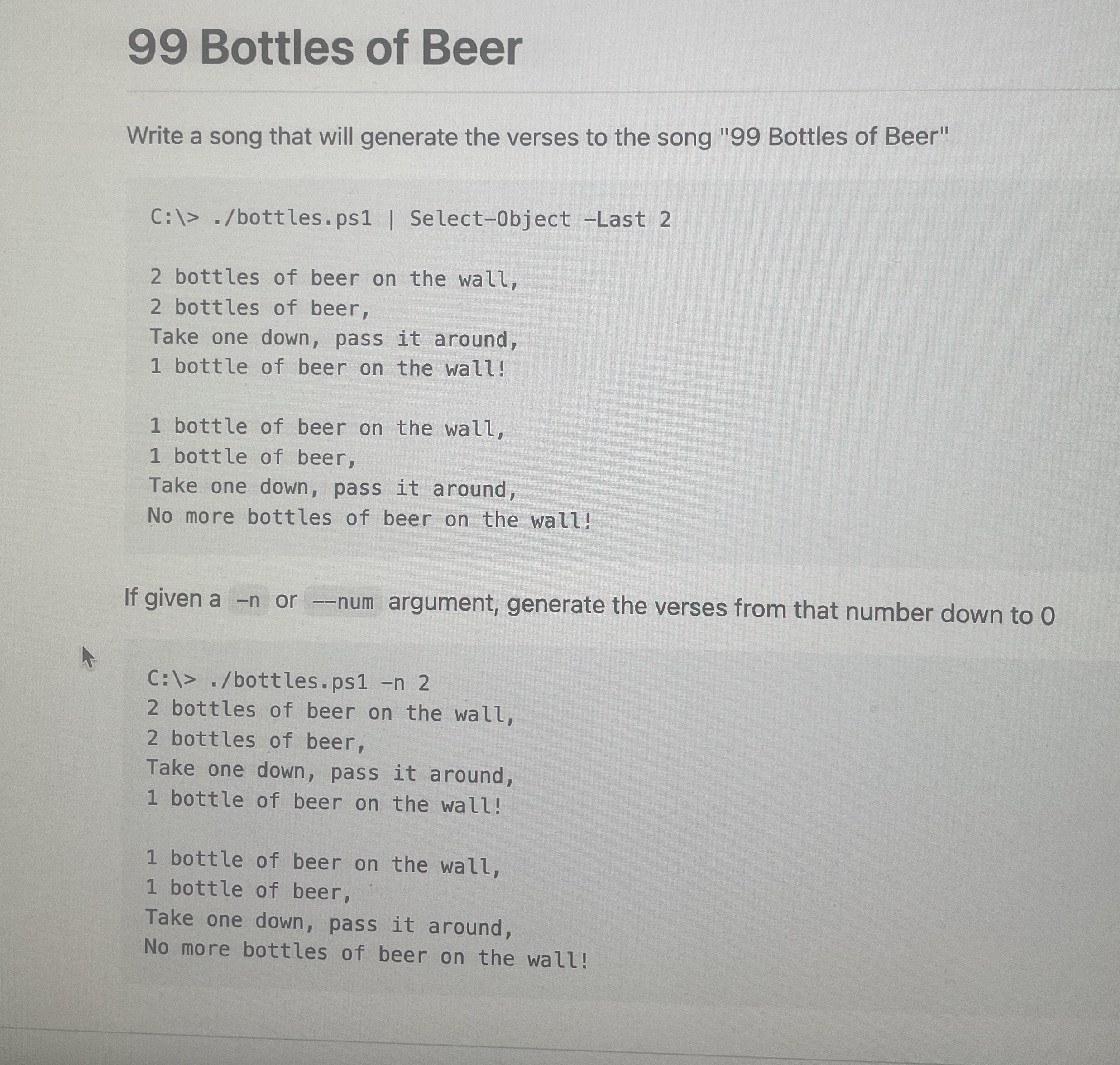 9 9 Bottles of Beer ( IN POWERSHELL ) Write a