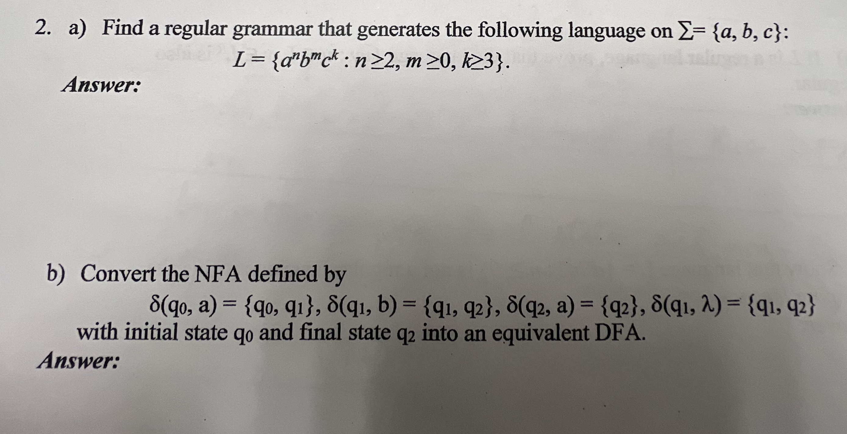 a ) Find a regular grammar that generates the