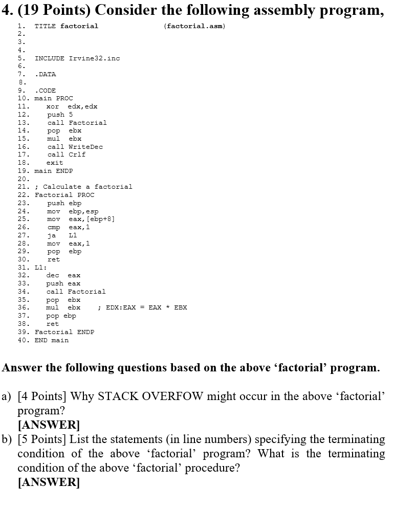 4 . ( 1 9 Points ) Consider the following
