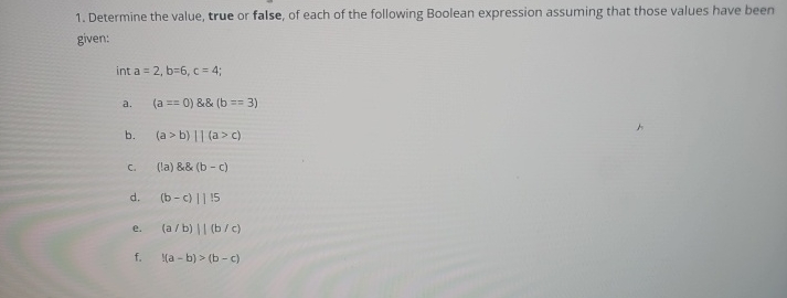 Determine the value, true or false, of each of