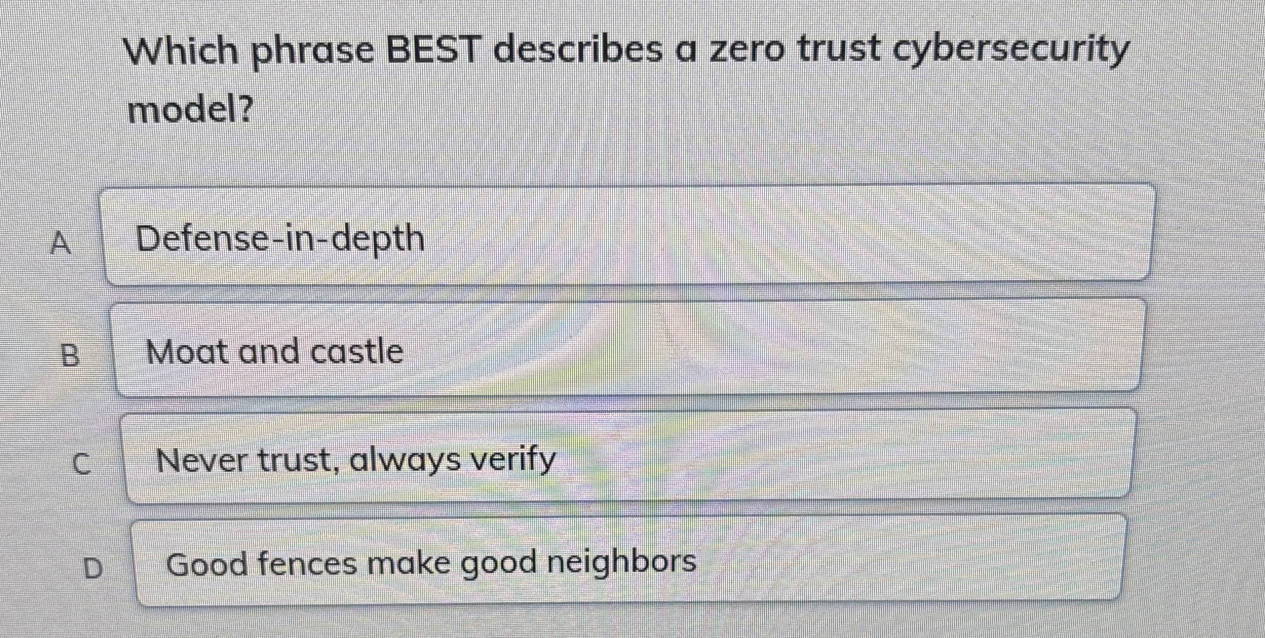 Which phrase BEST describes a zero trust
