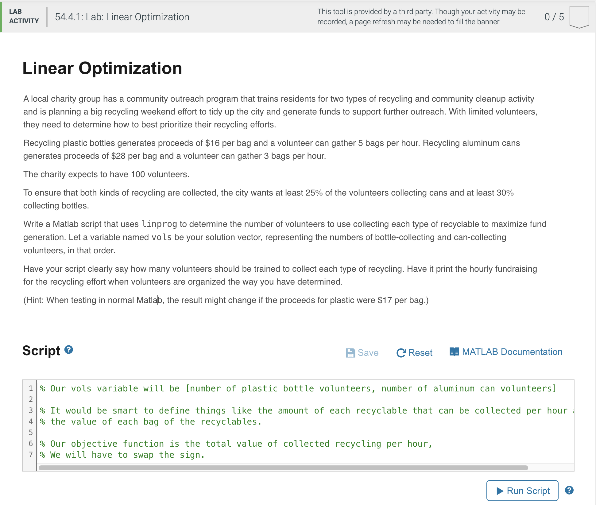 Linear Optimization A local charity group has a
