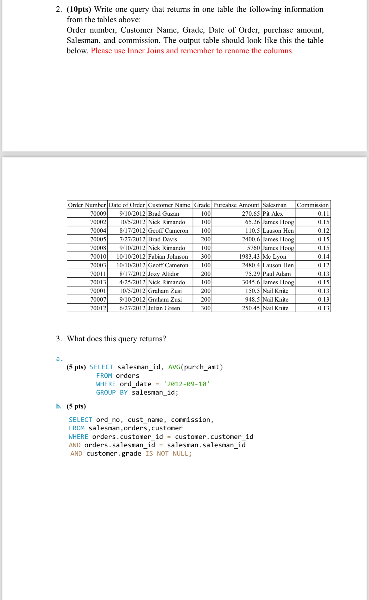 ( 1 0 pts ) Write one query that returns in one