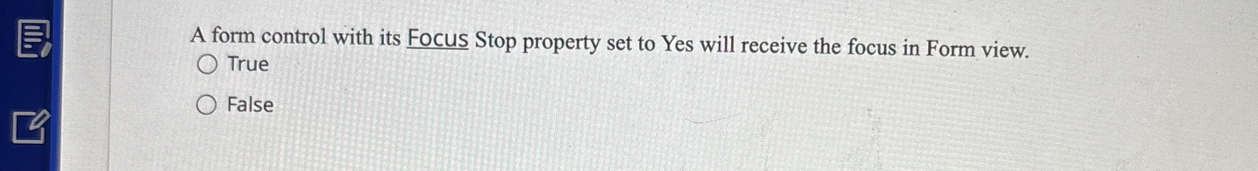 A form control with its Focus Stop property set