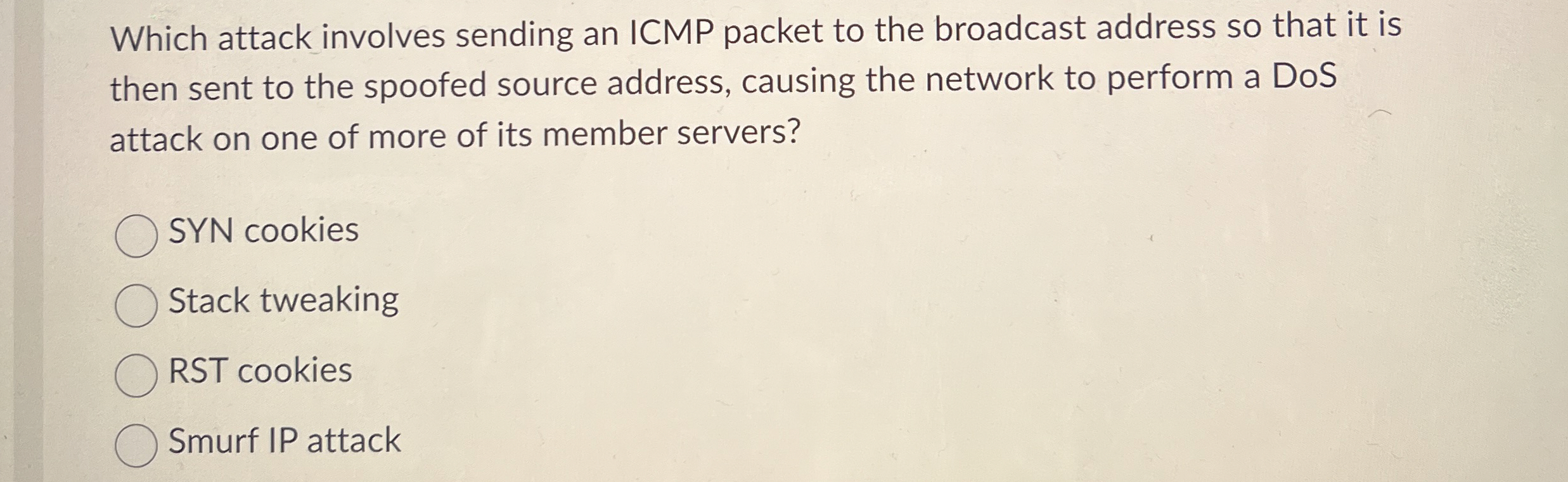 Which attack involves sending an ICMP packet to